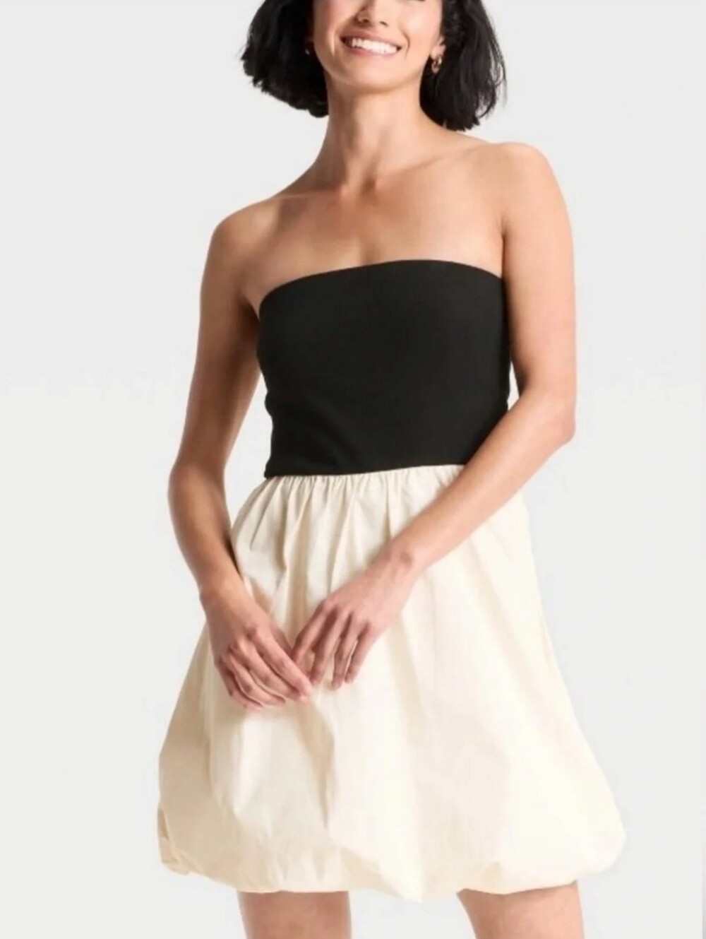 New Day Black White Strapless Bubble Hem Mini Dress NWT XS